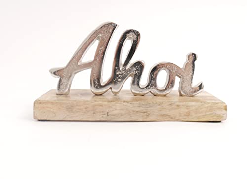 Dekoschild Schriftzug Ahoi Silber Mangoholz 24 cm Aufsteller Deko von CB Home & Style