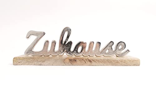 Dekoschild Schriftzug Zuhause Silber Mangoholz 28 cm Aufsteller Deko Metall von CB Home & Style