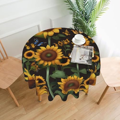 Cbaaghh Tischdecke mit Sonnenblumen- und Schmetterlings-Motiv, rund, geeignet für Partys, Picknicks, Hochzeiten, Cafés, Restaurants von Cbaaghh