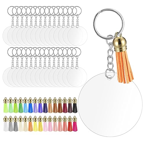 30 Stück Acryl Schlüsselanhänger Rohlinge Set, Blanko Schlüsselanhänger Selber Machen Set zum Basteln, mit 30 Bunt Quasten Anhänger & 30 Schlüsselbund Schlüsselringe, für DIY Bastelset Zubehör von Cbofeixg