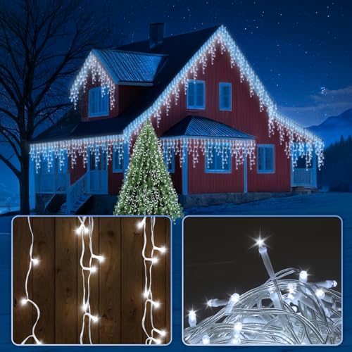 Cecaylie 400 LEDs Kaltweiß Eisregen Lichterkette Außen, 8 Modi, Memory-Funktion, IP44, Niederspannung sicher, geeignet für große Feste wie Weihnachten und Hochzeiten von Cecaylie