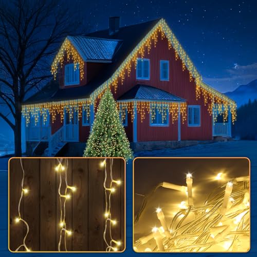 Cecaylie 400 LEDs Warmweiß Eisregen Lichterkette Außen, 8 Modi, Memory-Funktion, IP44, Niederspannung sicher, geeignet für große Feste wie Weihnachten und Hochzeiten von Cecaylie