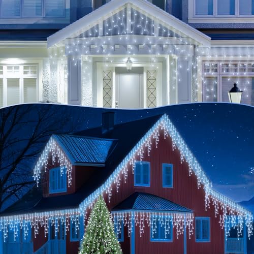 Cecaylie 600 LEDs Kaltweiß Eisregen Lichterkette Außen, 8 Modi, Memory-Funktion, IP44, Niederspannung sicher, geeignet für große Feste wie Weihnachten und Hochzeiten von Cecaylie