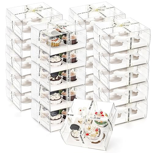 Cedilis 20 Stück transparente Cupcake-Boxen mit Geschenkband, 4 Stück Kunststoff-Cupcake-Behälter, Cupcake-Halter für Leckereien, Dessert, Kekse, Muffins, Gebäck, Babyparty, Party von Cedilis