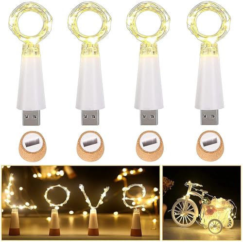 Ceepko LED Weinflasche Beleuchtung, USB Wiederaufladbar Korkenlichter Flaschenlicht zum Weihnachten, Party Deko Licht (4er-Pack/Stetiges Warmweiß) von Ceepko