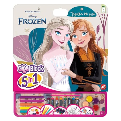 Cefa Toys Giga Block 5-in-1 Frozen Aktivitäten, 25 FSC-Malbögen, 8 Wachsmalstifte, 5 Filzstifte, 5 Wasserfarben und Blatt mit abnehmbaren Aufklebern. Geeignet für Kinder ab 3 Jahren. von Cefa Toys