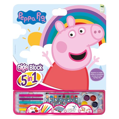 Cefa Toys Giga Block 5-in-1 Peppa Aktivitäten, 25 FSC-Malvorlagen, 8 Wachsmalstifte, 5 Filzstifte, 5 Aquarellfarben und Blatt mit entfernbaren Aufklebern. Geeignet für Kinder ab 3 Jahren. von Cefa Toys