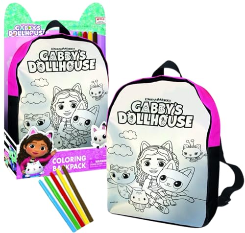 Cefa Toys - Rucksack zum Ausmalen des Puppenhauses von Gabby inkl. Rucksack, 5 Filzstifte zum Malen auf Stoff, geeignet für Kinder ab 3 Jahren von Cefa Toys