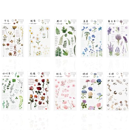 Ceihwa 10 Blätter Blumen Sticker Pflanzen Transparent Sticker Scrapbooking Aufkleber Fotoalbum Flower Sticker Wasserfeste Transferaufkleber Aesthetic Vintage Sammelalbum Aufkleber Selbstklebend von Ceihwa