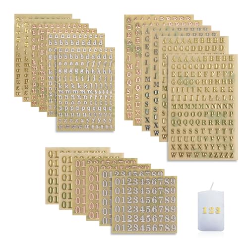 Ceihwa 18 Stück Buchstaben Aufkleber Silber Gold Klebebuchstaben Klein Groß Alphabet Sticker Letter Mini Buchstaben Sticker Nummern Aufkleber Selbstklebende Aufkleber Zahlen Wachsbuchstaben für Kerzen von Ceihwa