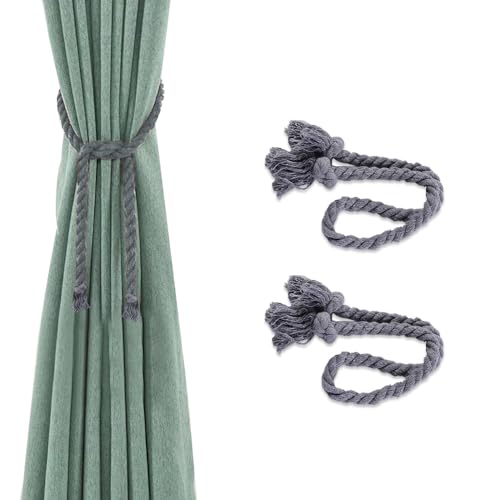 Ceihwa 2 Stück Vorhang Raffhalter für Vorhänge Vintage Boho Kordel Gardinenhalter Raffhalter für Gardinen Zusammenbinden Grau Curtain Rope Buckle Vorhang Clips Baumwolle Seil Curtain Tiebacks von Ceihwa