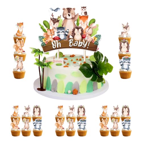 Ceihwa 25 Stück Cake Topper oh baby Tortendeko Geburtstag Waldtiere Muffin Deko Kindergeburtstagsdeko Torte Dschungel Tortendeko Tiere Kuchen Topper Geburtstag Cupcake Topper Tortenaufsatz für Party von Ceihwa