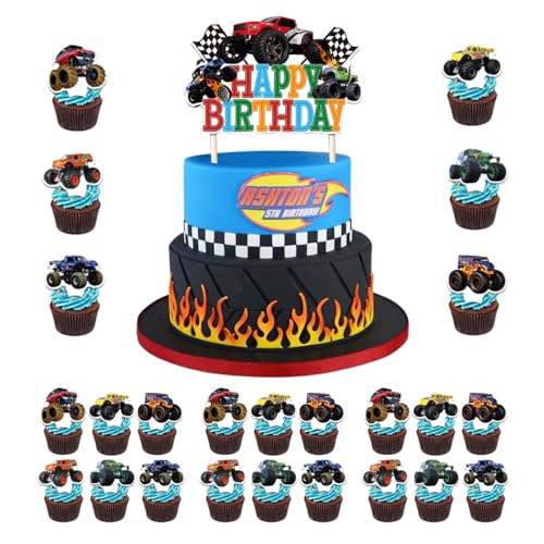 Ceihwa 25PCS Cake Topper Happy Birthday Tortendeko Geburtstag Junge Auto Truck Muffin Deko Kindergeburtstagsdeko Torte Cars Tortendeko Kuchen Topper Geburtstag Cupcake Topper Tortenaufsatz für Party von Ceihwa