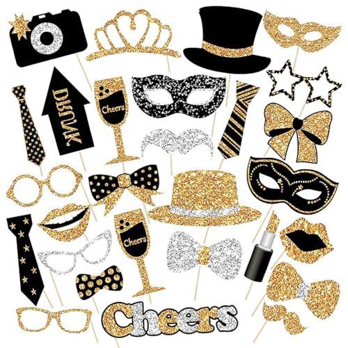 Ceihwa 30 PCS Fotobox Accessoires Geburtstag Photo Booth Requisiten Fotobox Hochzeit Foto Booth Props Foto Masken Party Fotoautomat Fotozubehör Lustig für Weihnachten,Karneval,Silvester -Schwarz Gold von Ceihwa