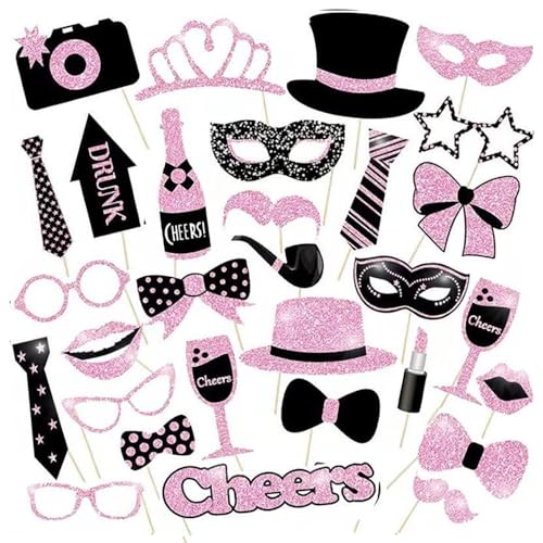 Ceihwa 30 PCS Fotobox Accessoires Geburtstag Photo Booth Requisiten Fotobox Hochzeit Foto Booth Props Foto Masken Party Fotoautomat Fotozubehör Lustig für Weihnachten,Karneval,Silvester -Schwarz Rosa von Ceihwa