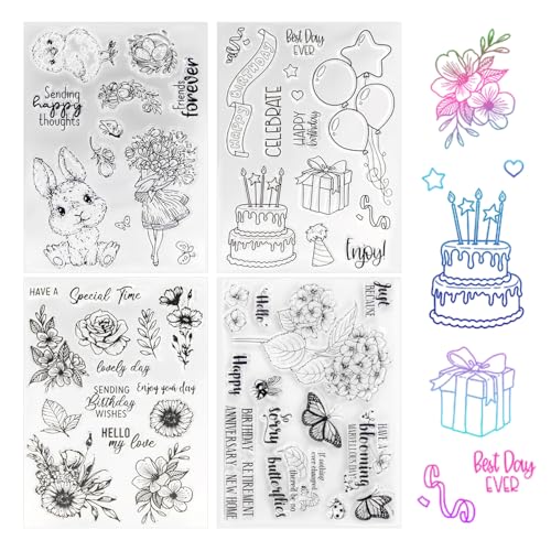 Ceihwa 4 Blätter Silikonstempel Set Vintage Blumen Stempel Herzlichen Glückwunsch Clear Stamps Geburtstag Sprüche Stempel Frühlingsmotive Hochzeit Stempel Blätter Scrapbooking-Stempel Ostern für DIY von Ceihwa