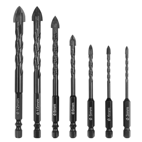 Ceisazira 7 Stück Bohrer Set, Steinbohrer Set, Betonbohrer Set, Fliesenbohrer Set, Stahlbeton Bohrer, Schlagbohrer Set, Bohrersatz Metall, Keramikbohrer Schwarz, Satz im Kunstoff-Koffer von Ceisazira