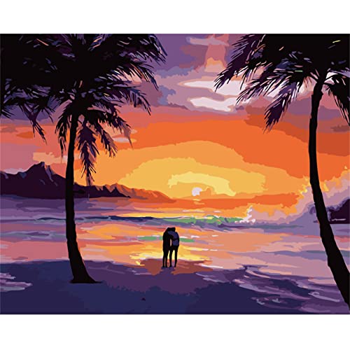 Malen Nach Zahlen Erwachsene Sonnenuntergang-Strand-Paar DIY Handgemalt Ölgemälde Leinwand Kits für Erwachsene Kinder mit Pinseln Acrylpigment Zeichnung Malerei Art Haus Wand Decor 40x50cm Mit Rahmen von Cekog