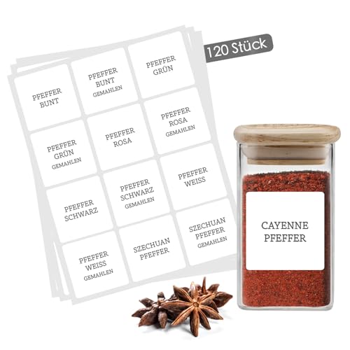 Gewürzetiketten Selbstklebend – 120 Sticker für Gewürzgläser & Gewürzdosen - Wasserfeste Gewürzaufkleber - Spice Jar Label - Beschriftete Etiketten für Küchenorganisation - Quadratisch Weiß von Celeko Home