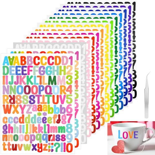 Celepoir 1764 Stück Bunte Buchstaben Aufkleber, 14 Blätter Vinyl Buchstaben Sticker mit Pinzette, Wasserfest Aufkleber Buchstaben Selbstklebende, Klebebuchstaben Sticker für Postfach, DIY Schilder von Celepoir