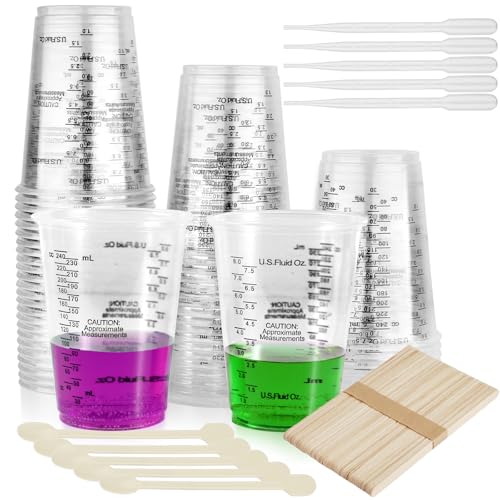 Celepoir 50 Stück Plastik Mischbecher Epoxidharz, Epoxidharz Mischbecher 240 ml & 8 oz mit Rührstäbchen, Lackierbecher & Pipetten, Messbecher für Präzisen Abmessen & Mischen, Liquid & Pigment von Celepoir