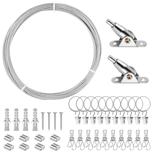 Celepoir Seilspanngarnitur für Vorhänge, 10M Edelstahl Einstellbar Gardinenseil mit 2 Eck-Halter, 2 Arten Metall Clip Haken, Vorhang Seilspannsystem für Decke oder Wand, für Licht, Bild von Celepoir