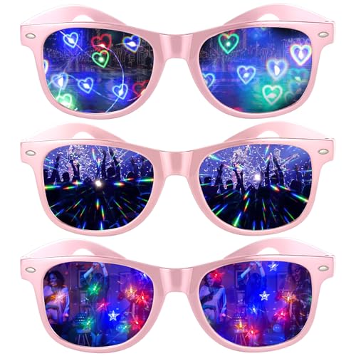 3Pcs Diffraction Glasses Kaleidoskop Brille Diffractions Party Brille Prisma Brille Heart Refraction Glasses Diffraction Prisma Brille mit 3D Prisma Herz Stern Effekt für Tanzlichtshow Musikfestival von Celiodd