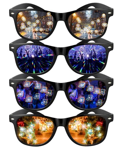 4Pcs Diffraction Glasses Kaleidoskop Brille Prisma Brille Diffractions Party Brille Diffraction Prisma Brille mit Fußball Musiknoten Popcorn Neunköpfiger Vogel Effekt für Tanzlichtshow Musikfestival von Celiodd