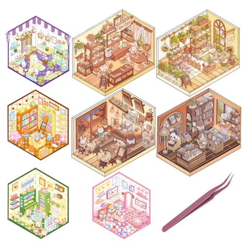 8 Bilder DIY 3D House Stickers 2 Set Cartoon Sticker Scene Haus 3D Sticker Scene Stickernest Miniatur Haus Sticker Bäckereien café Szenenaufkleber für Erwachsene und Kinder mit 1 Pinzetten von Celiodd