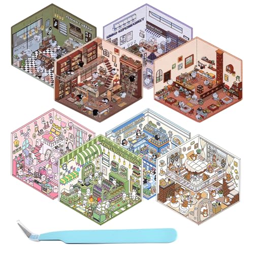 8Pcs 3D Sticker Scene 3D House Sticker DIY 3D House Stickers Make 3D Sticker Scene 3D House Sticker Sticker Scene Fun DIY Scene Stickers Your Own Supermarket Coffee Vintage Cartoon mit 1 Pinzette von Celiodd