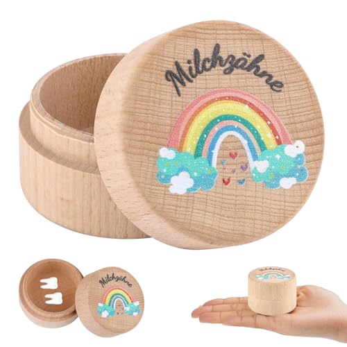 Celiodd Zahndose Milchzähne Milchzahndose Aus Holz Milchzahndose Mädchen Regenbogen Mit Kinderfreundlichem UV-Druck Zahndose für Tauf- Und Geburtstagsgeschenke für Frischgebackene Eltern von Celiodd