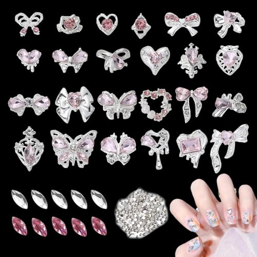 Nail Charms,Charms Nägel,Nagel Charms,Nail Charms Y2k,3D Butterfly Nail Art Charms,Enthalten 25 Bow Nail Charms,1440 Strasssteine,5 Weiße Marquise-Diamanten,5 Rosa Marquise-Diamanten von Celiodd