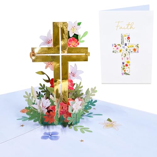 Central 23 Pop Up Karte Blumen 3D – Kreuz – Glaube Religiös Christlich – Für Beileid, Taufe, Kommunion, Hochzeit – Hübsche Geschenke Für Männer Und Frauen – Kommt Mit Aufklebern von Central 23