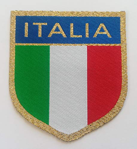 Mikrofaser-Aufnäher aus HD/Jacquard (hohe Auflösung), Aufschrift "Italien", zum Aufbügeln, Mikrodraht, Maße: H. 6,4 x B. 7 cm, hergestellt in Italien von CENTRO RICAMI RICAMIFICIO INDUSTRIALE ITALIANO DAL 1989