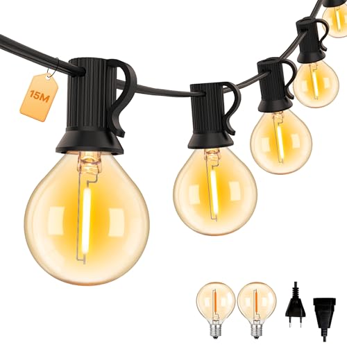 LED Lichterkette Außen 15M mit 25+1 G40 1W Glas Beleuchtung LED Birne,Wasserdicht IP44, 2200K Warmes Licht Kleine Globe Birne für Indoor/Outdoor String Lights,Garten,Balkon,Rasen.Amber,220V von Century Light