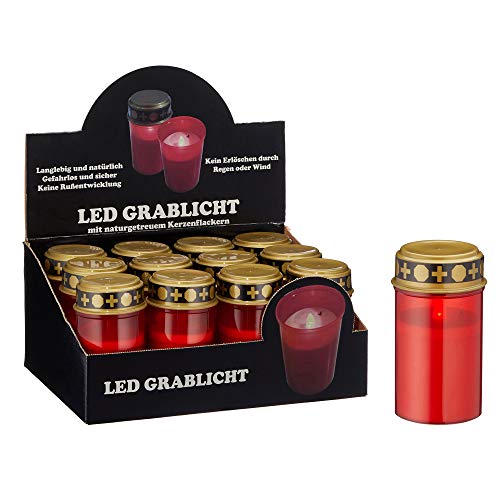 12er Set LED Grablicht batteriebetrieben rot Grabkerze Grableuchte Grabschmuck Friedhof Trauer (12 x LED Grablicht) von Cepewa