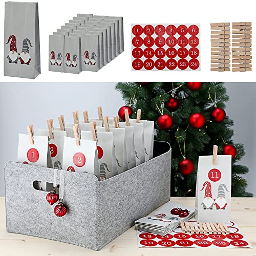 Adventskalender Wichtel DIY 72tlg. Bastelset | 10x20x6cm Papiertüten Zahlensticker Klammern | Weihnachten Adventzeit von Cepewa