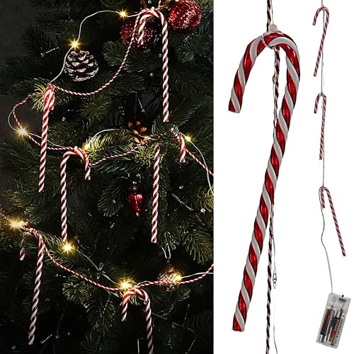 Cepewa LED Licherkette mit 10 Zuckerstangen | 20 Leds Länge 220cm PVC Kupfer rot weiß | Zuleitung 30m batteriebetrieben Weihnachtsbeleuchtung von Cepewa