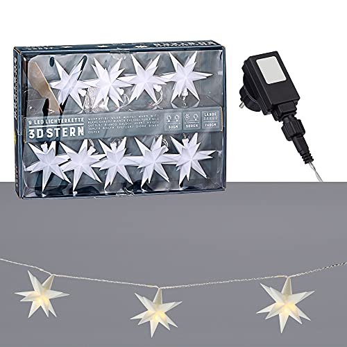 LED Lichterkette 3D weiß | 9 Sterne Ø11cm 12 Zacken | L 240cm + Zuleitung 500cm Outdoor IP44 | Weihnachtsbeleuchtung (1 x Lichterkette Stern weiß) von Cepewa