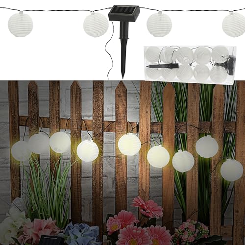 Cepewa LED Solar Lampion Girlande mit 10 Lampions | Ø7cm 185cm Polyester Kunststoff | 10 LEDs warmweiß | Lichterkette zum Aufhängen (1 x Lichterkette Girlande weiß) von Cepewa