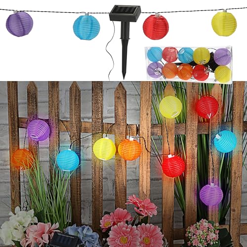 Cepewa LED Solar Lampion Girlande mit 10 Lampions | Ø7cm 185cm bunt Polyester Kunststoff | 10 LEDs warmweiß | Lichterkette zum Aufhängen (1 x Lichterkette Girlande bunt) von Cepewa