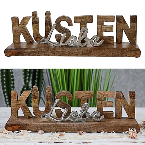 Cepewa Schriftzug 'Küsten-Liebe' | 38x12x8cm Mangoholz Aluminium | Dekoaufsteller Tischdeko Aufsteller maritim(1 x Schriftzug Küsten-Liebe 38x12cm) von Cepewa