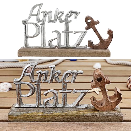 Cepewa Schriftzug 'Liegeplatz' Anker Silber | 25x15x5cm Mangoholz Aluminium | Dekoaufsteller Tischdeko Aufsteller maritim (1 x Schriftzug Ankerplatz Anker Silber 31x19cm) von Cepewa