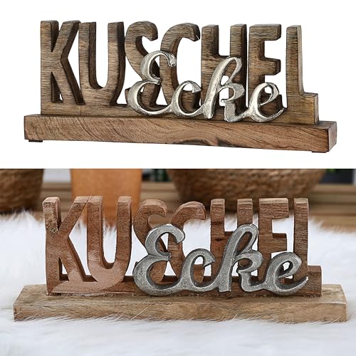 Cepewa Schriftzug | Mangoholz Aluminium 30x7,5x5cm | Dekoaufsteller Tischdeko Aufsteller (1 x Schriftzug Kuschelecke Silber) von Cepewa