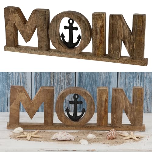 Cepewa Schriftzug 'Moin' Anker schwarz | 38x12x2,5cm Mangoholz Aluminium | Dekoaufsteller Tischdeko Aufsteller maritim (1 x Schriftzug Moin Anker schwarz 38x12cm) von Cepewa