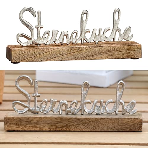 Cepewa Schriftzug 'Sterneküche' Silber | 22x9x4cm Mangoholz Aluminium | Dekoaufsteller Tischdeko Aufsteller (1 x Schriftzug Sterneküche Silber) von Cepewa