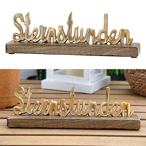 Cepewa Schriftzug 'Sternstunden' Gold | 30x9x5cm Mangoholz Aluminium | Dekoaufsteller Tischdeko Aufsteller (1 x Schriftzug Sternstunden Gold) von Cepewa