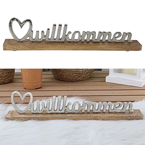 Cepewa Schriftzug 'Willkommen' Silber | 41x9x5cm Mangoholz Aluminium | Dekoaufsteller Tischdeko Aufsteller (1x Schriftzug Willkommen Silber) von Cepewa