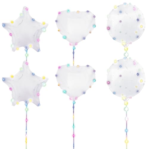 LED Bobo Ballon 6er Set | je 2x Herz Stern Kugel | PVC Latex 30 bunte LEDs Stab 60cm | Luftballon Ballonlichter Partydekoration von Cepewa