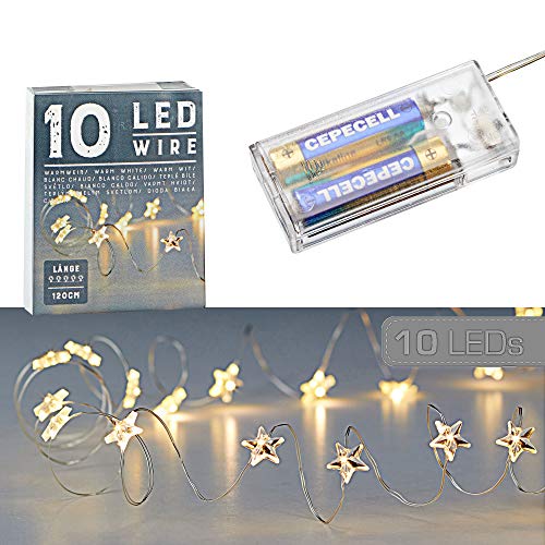 Cepewa Mikro Draht Lichterkette Stern warmweiß silber Batterie Deko Beleuchtung Weihnachten (1 x 10 LED Stern Mikro-Draht Lichterkette) von Cepewa